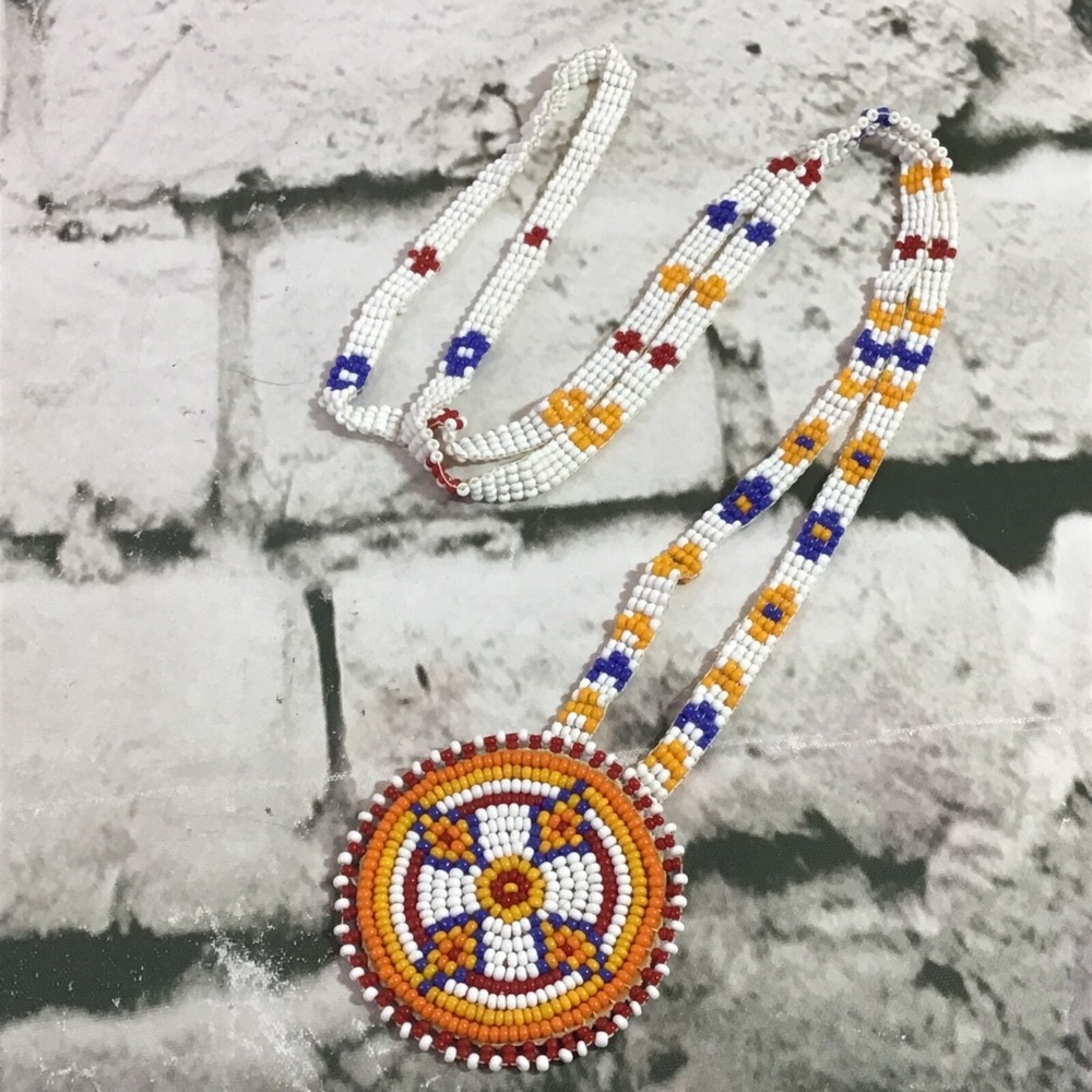 Beaded Necklace Long Drop Handmade Southwest Themed Round Beaded Pendant VTG‎